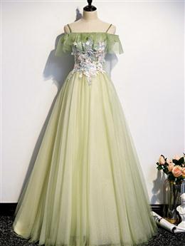 Picture of Lovely Flowers Off Shoulder Tulle Long Party Dresses, A-line Tulle Light Green Prom Dresses